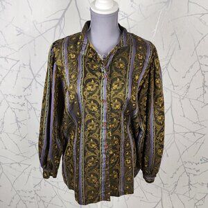 Parabol Vintage Gold Floral Stripe Jacquard Puff Sleeve Blouse